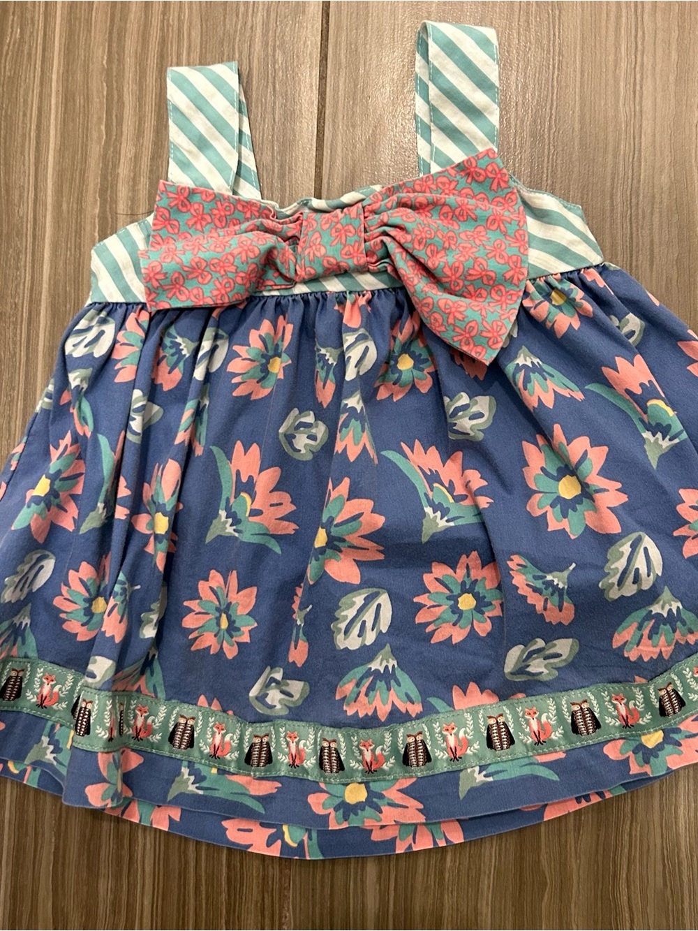 Matilda Jane Blue Floral Tank with Coral Bow and Mint Stripe Accents
